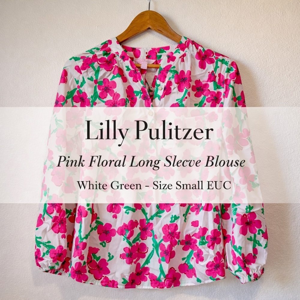 Lilly Pulitzer Pink Floral Long Sleeve Blouse White Green Size Small EUC